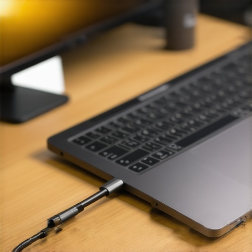 A high-quality USB-C cable plugged into a sleek laptop, with monitors in the background, showcasing proper cable management and connection