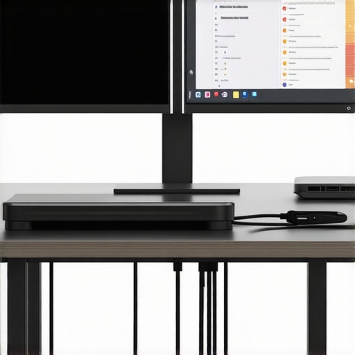A clean workspace showing a rugged thunderbolt dock mounted under a desk with tidy, secured cables connecting to multiple monitors and devices.
