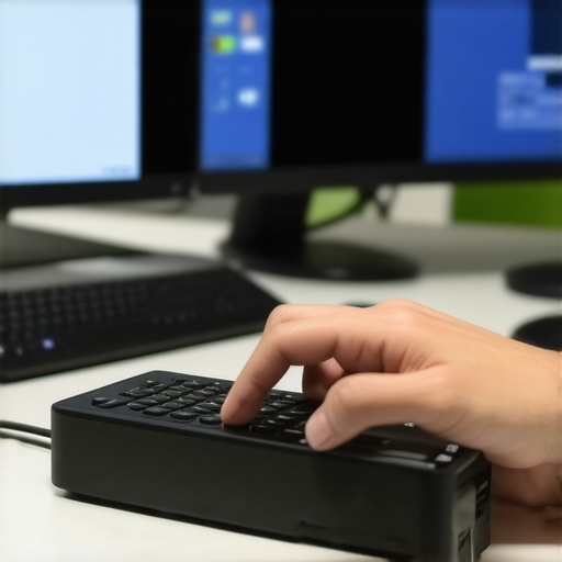 A person managing multiple connected monitors with a high-tech USB hub